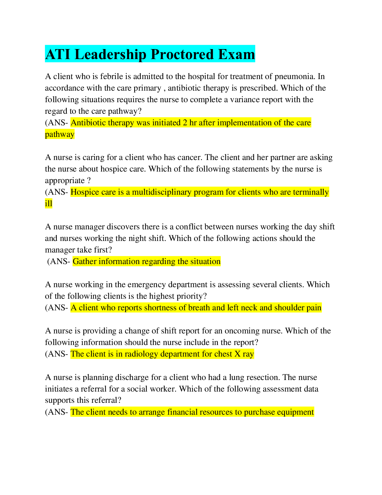 Preview of ATI Leadership Proctored Exam (8 Latest Versions, 2022/2023) / Leadership ATI Proctored Ex